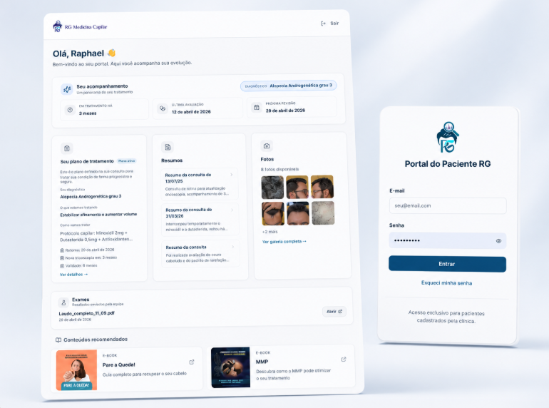 Tela do Portal do Paciente RG organizando documentos, prescrições e acompanhamento do tratamento