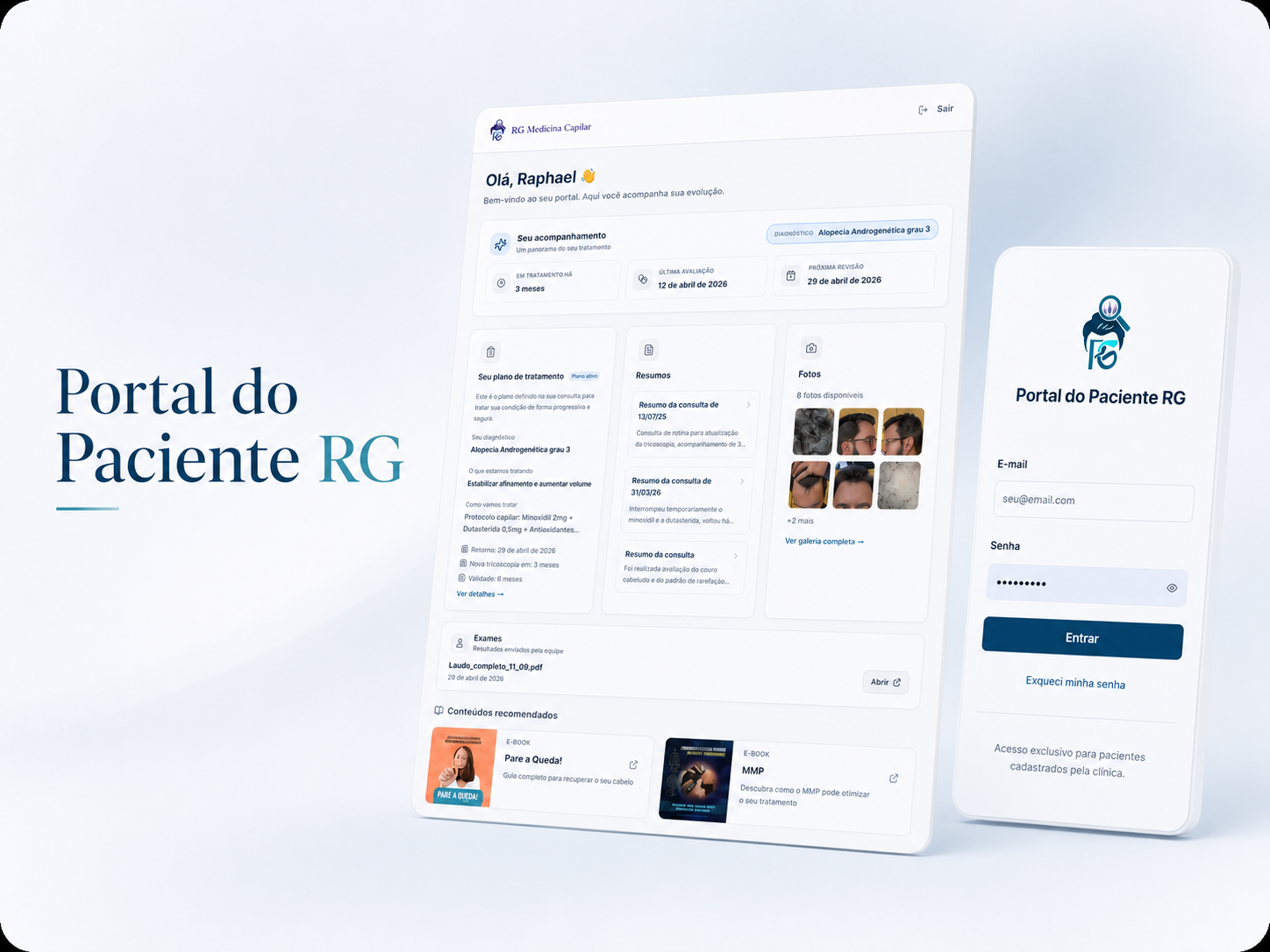 Tela do Portal do Paciente RG mostrando acompanhamento digital do tratamento